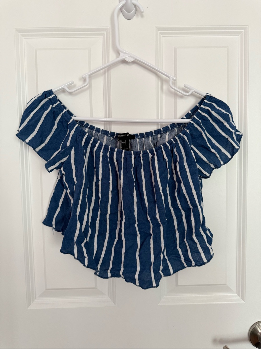 Forever 21 Navy and White Striped Off-Shoulder Crop Top